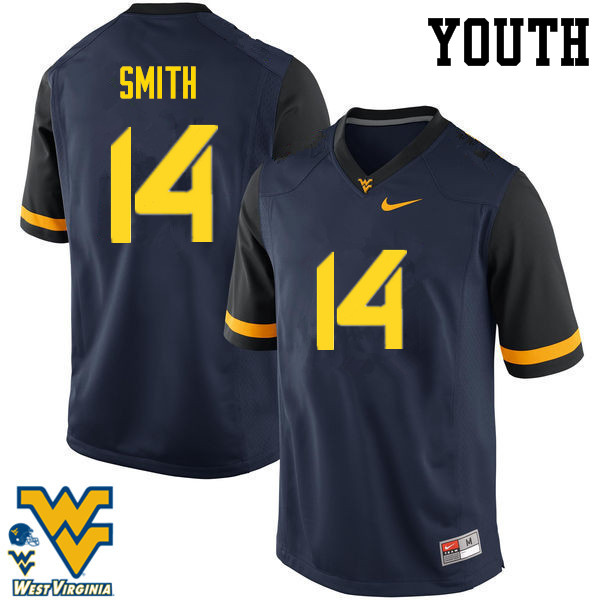 Youth #14 Collin Smith West Virginia Mountaineers College Football Jerseys-Navy - Click Image to Close